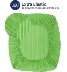 Homecrown Cotton Feel Striped Elastic Fitted Double Bedsheet with 2 Pillow Covers – 72x78 Inch – Light Green