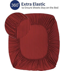 Homecrown Cotton Feel Striped Elastic Fitted Double Bedsheet with 2 Pillow Covers – 72x78 Inch – Maroon