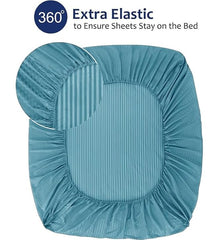 Homecrown Cotton Feel Striped Elastic Fitted Double Bedsheet with 2 Pillow Covers – 72x78 Inch – Light Blue
