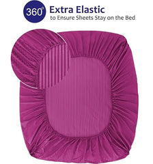 Homecrown Cotton Feel Striped Elastic Fitted Double Bedsheet with 2 Pillow Covers – 72x78 Inch – Dark Pink