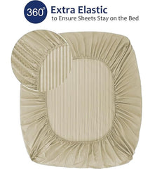 Homecrown Cotton Feel Striped Elastic Fitted Double Bedsheet with 2 Pillow Covers – 72x78 Inch – Beige