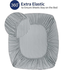 Homecrown Cotton Feel Striped Elastic Fitted Double Bedsheet with 2 Pillow Covers – 72x78 Inch – Light Grey