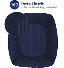 Homecrown Cotton Feel Striped Elastic Fitted Double Bedsheet with 2 Pillow Covers – 72x78 Inch – Dark Blue