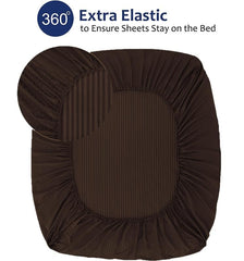 Homecrown Cotton Feel Striped Elastic Fitted Double Bedsheet with 2 Pillow Covers – 72x78 Inch – Brown