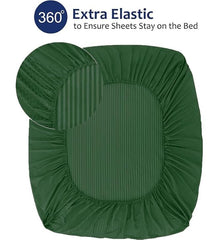 Homecrown Cotton Feel Striped Elastic Fitted Double Bedsheet with 2 Pillow Covers – 72x78 Inch – Dark Green
