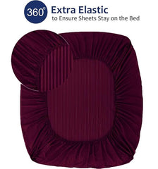 Homecrown Cotton Feel Striped Elastic Fitted Double Bedsheet with 2 Pillow Covers – 72x78 Inch – Wine