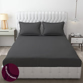 Homecrown Cotton Feel Striped Elastic Fitted Double Bedsheet with 2 Pillow Covers – 72x78 Inch – Dark Grey