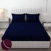 Homecrown Cotton Feel Striped Elastic Fitted Double Bedsheet with 2 Pillow Covers – 72x78 Inch – Dark Blue