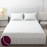 Homecrown Cotton Feel Striped Elastic Fitted Double Bedsheet with 2 Pillow Covers – 72x78 Inch – White