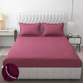 Homecrown Cotton Feel Striped Elastic Fitted Double Bedsheet with 2 Pillow Covers – 72x78 Inch – Dark Pink