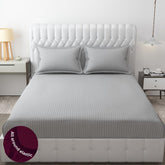 Homecrown Cotton Feel Striped Elastic Fitted Double Bedsheet with 2 Pillow Covers – 72x78 Inch – Light Grey