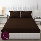 Homecrown Cotton Feel Striped Elastic Fitted Double Bedsheet with 2 Pillow Covers – 72x78 Inch – Brown