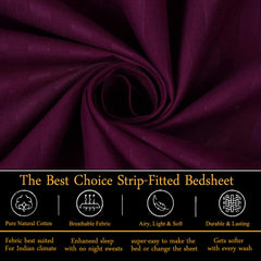 Homecrown Cotton Feel Striped Elastic Fitted Double Bedsheet with 2 Pillow Covers – 72x78 Inch – Wine