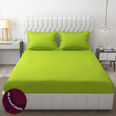 Homecrown Cotton Feel Striped Elastic Fitted Double Bedsheet with 2 Pillow Covers – 72x78 Inch – Light Green