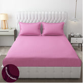 Homecrown Cotton Feel Striped Elastic Fitted Double Bedsheet with 2 Pillow Covers – 72x78 Inch – Light Pink