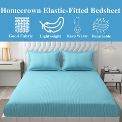 Homecrown Cotton Feel Striped Elastic Fitted Double Bedsheet with 2 Pillow Covers – 72x78 Inch – Light Blue