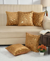 Homecrown Golden Leaf Velvet Cushion Covers Set of 5 (16x16 Inch) - Golden | Cushion Covers | Homecrown