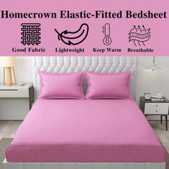 Homecrown Cotton Feel Striped Elastic Fitted Double Bedsheet with 2 Pillow Covers – 72x78 Inch – Light Pink