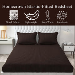Homecrown Cotton Feel Striped Elastic Fitted Double Bedsheet with 2 Pillow Covers – 72x78 Inch – Brown