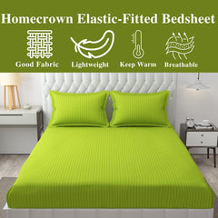 Homecrown Cotton Feel Striped Elastic Fitted Double Bedsheet with 2 Pillow Covers – 72x78 Inch – Light Green