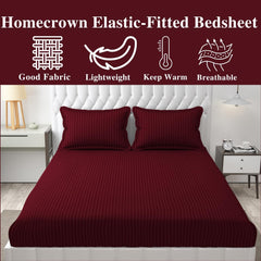 Homecrown Cotton Feel Striped Elastic Fitted Double Bedsheet with 2 Pillow Covers – 72x78 Inch – Maroon