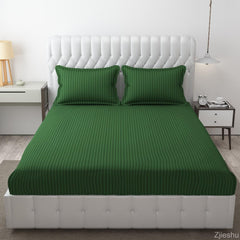 Homecrown Cotton Double Bedsheet with 2 Pillow Covers- Satin Stripe- 90x100 Inch- Green