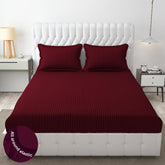 Homecrown Cotton Feel Striped Elastic Fitted Double Bedsheet with 2 Pillow Covers – 72x78 Inch – Maroon