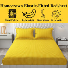 Homecrown Cotton Feel Striped Elastic Fitted Double Bedsheet with 2 Pillow Covers – 72x78 Inch – Yellow