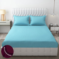 Homecrown Cotton Feel Striped Elastic Fitted Double Bedsheet with 2 Pillow Covers – 72x78 Inch – Light Blue