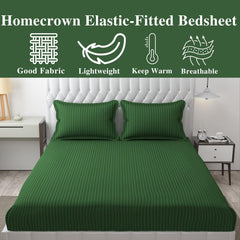 Homecrown Cotton Feel Striped Elastic Fitted Double Bedsheet with 2 Pillow Covers – 72x78 Inch – Dark Green