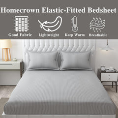 Homecrown Cotton Feel Striped Elastic Fitted Double Bedsheet with 2 Pillow Covers – 72x78 Inch – Light Grey