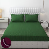 Homecrown Cotton Feel Striped Elastic Fitted Double Bedsheet with 2 Pillow Covers – 72x78 Inch – Dark Green