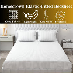 Homecrown Cotton Feel Striped Elastic Fitted Double Bedsheet with 2 Pillow Covers – 72x78 Inch – White