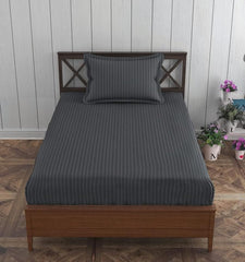 Homecrown Stripe Bedsheet for Single Bed with 1 Matching Pillow Cover – Dark Grey