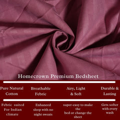 Homecrown Cotton Feel Striped Elastic Fitted Double Bedsheet with 2 Pillow Covers – 72x78 Inch – Dark Pink