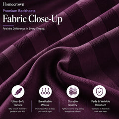 Homecrown Purple Wine Satin Stripe Glace Cotton Double Bedsheet with 2 Pillow Covers (90 x 100 in) | Bedsheet | Homecrown