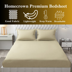 Homecrown Cotton Feel Striped Elastic Fitted Double Bedsheet with 2 Pillow Covers – 72x78 Inch – Beige