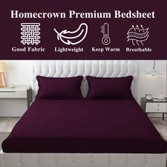 Homecrown Cotton Feel Striped Elastic Fitted Double Bedsheet with 2 Pillow Covers – 72x78 Inch – Wine