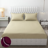 Homecrown Cotton Feel Striped Elastic Fitted Double Bedsheet with 2 Pillow Covers – 72x78 Inch – Beige