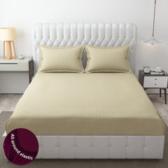 Homecrown Cotton Feel Striped Elastic Fitted Double Bedsheet with 2 Pillow Covers – 72x78 Inch – Beige