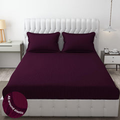 Homecrown Cotton Feel Striped Elastic Fitted Double Bedsheet with 2 Pillow Covers – 72x78 Inch – Wine