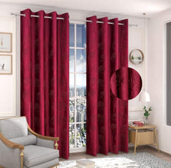 Homecrown Premium Tree Punch Embossed Design Curtains- Set of 2, Maroon