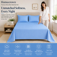 Homecrown Aqua Satin Stripe Glace Cotton Double Bedsheet with 2 Pillow Covers (90 x 100 in) | Bedsheet | Homecrown