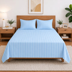 Homecrown Aqua Satin Stripe Glace Cotton Double Bedsheet with 2 Pillow Covers (90 x 100 in) | Bedsheet | Homecrown
