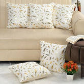 Homecrown White Velvet Cushion Covers Set of 5 (16x16 Inch) with Golden Leaf Foil Print | Cushion Covers | Homecrown