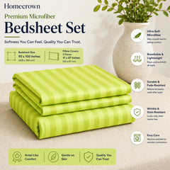 Homecrown Lime Green Satin Stripe Glace Cotton Double Bedsheet with 2 Pillow Covers (90 x 100 in) | Bedsheet | Homecrown