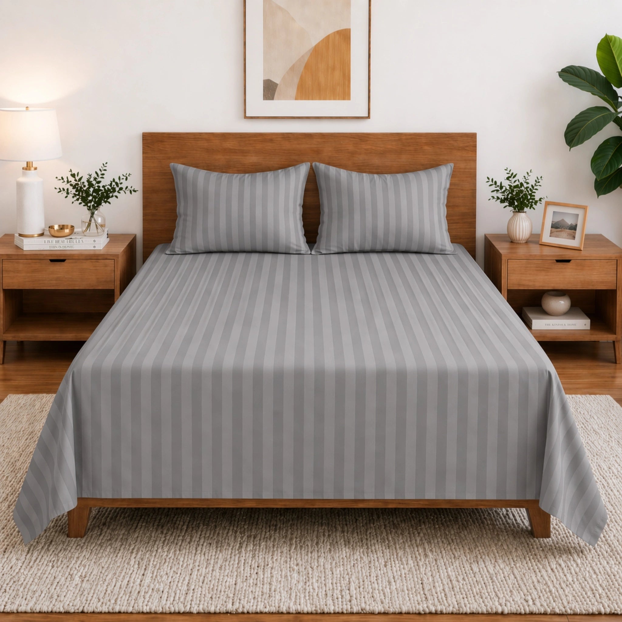 Homecrown Silver Satin Stripe Glace Cotton Double Bedsheet with 2 Pillow Covers (90 x 100 in) | Bedsheet | Homecrown