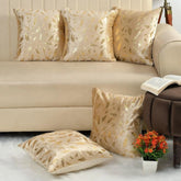 Homecrown Beige Velvet Cushion Covers Set of 5 (16x16 Inch) with Golden Leaf Foil Print | Cushion Covers | Homecrown