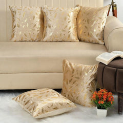 Homecrown Beige Velvet Cushion Covers Set of 5 (16x16 Inch) with Golden Leaf Foil Print | Cushion Covers | Homecrown