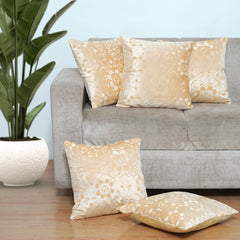 Homecrown Flower Design Velvet Cushion Covers 16x16 Inch – Set of 5 (Cream)